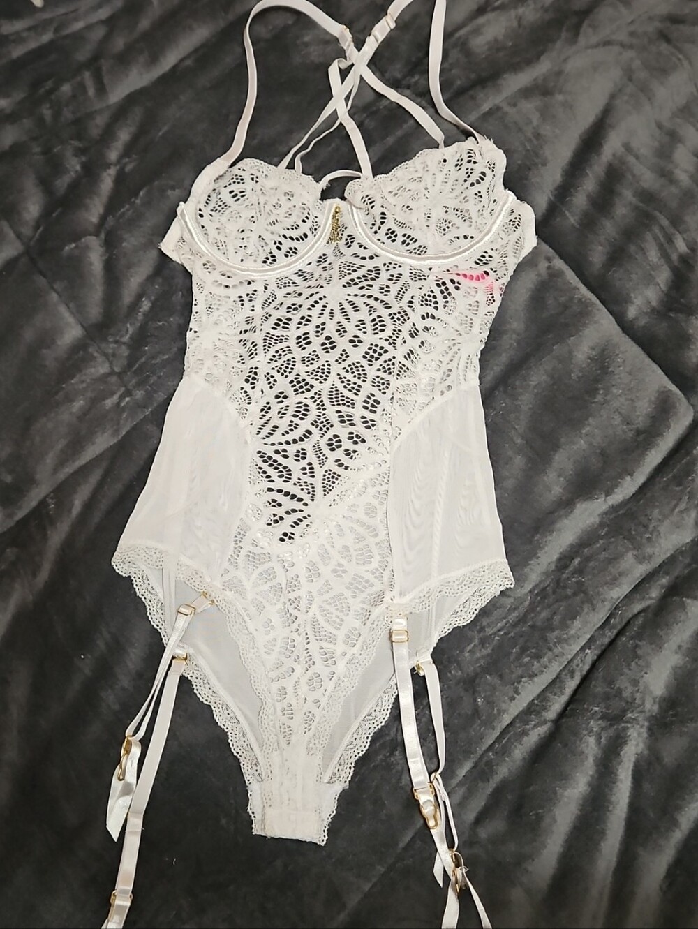 White Lace Bodysuit with Garter Straps - Women Intimates
